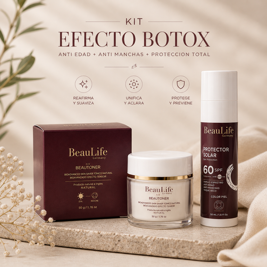 Kit efecto Botox – Para pieles con melasma, Ojeras y Contorno de ojos (Protector Solar + Beautoner)