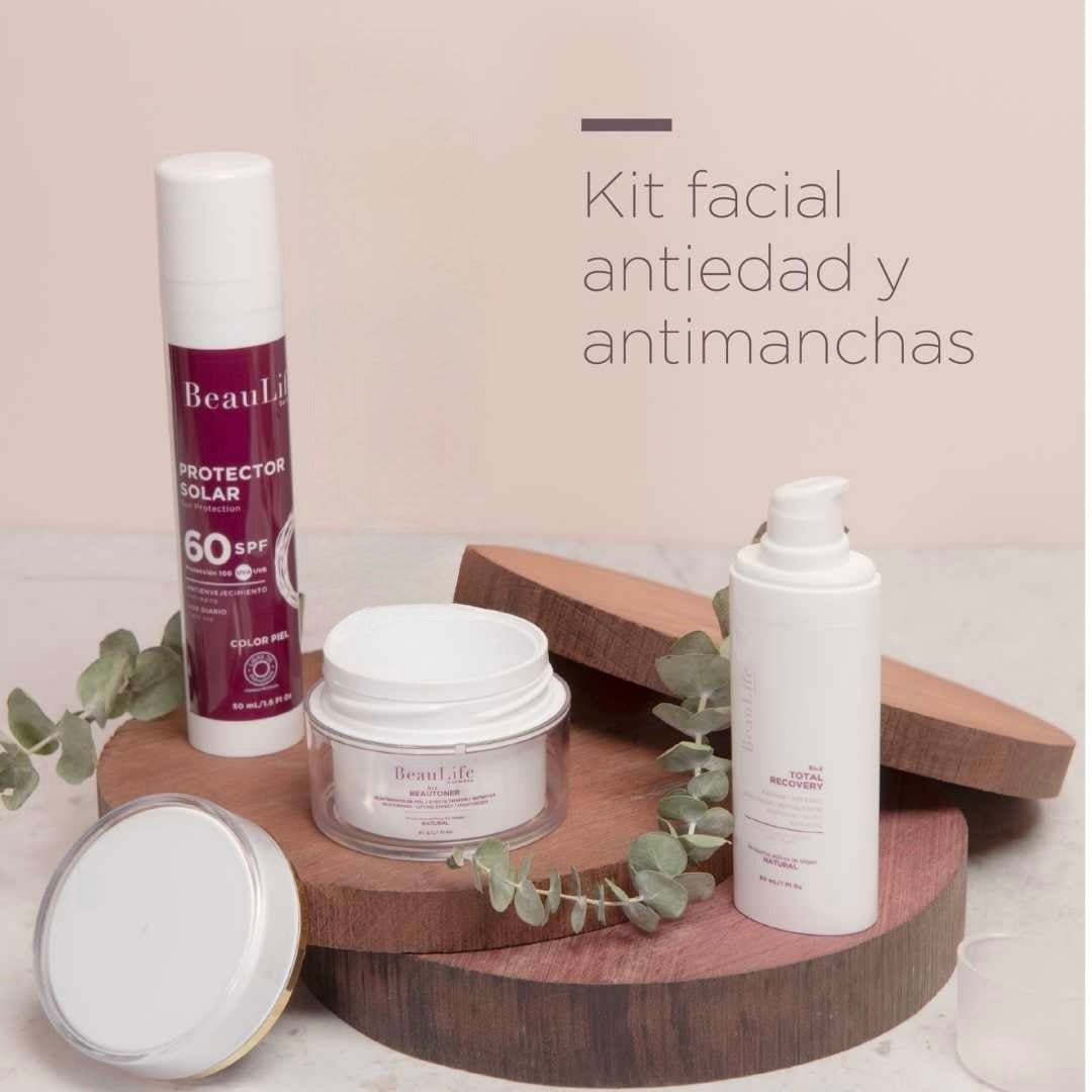Kit efecto Botox – Para pieles con melasma, Ojeras y Contorno de ojos (Protector Solar + Beautoner + Total Recovery)